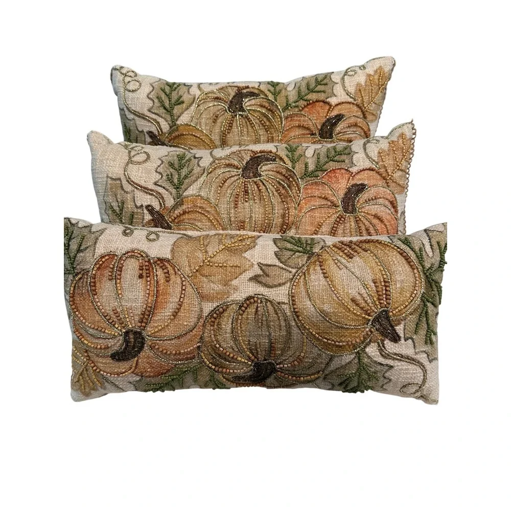 Beaded Pumpkin Lumbar Decorative Pillows Fall Harvest Decor Set of 3